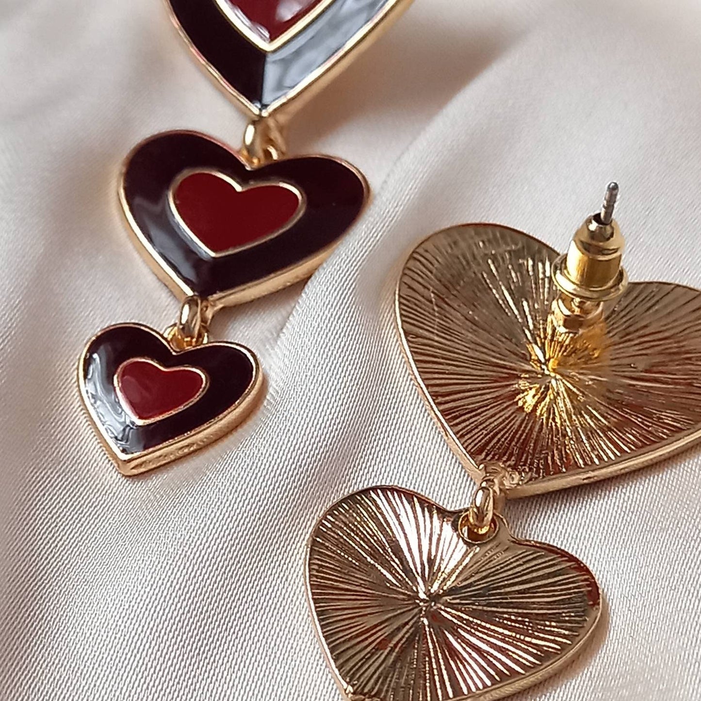Brown & Gold Retro Heart Drop Earrings -  70's Style Earrings, Vintage Style, Hanging Jewellery,Accessories,Brown Jewellery,Gold Earrings