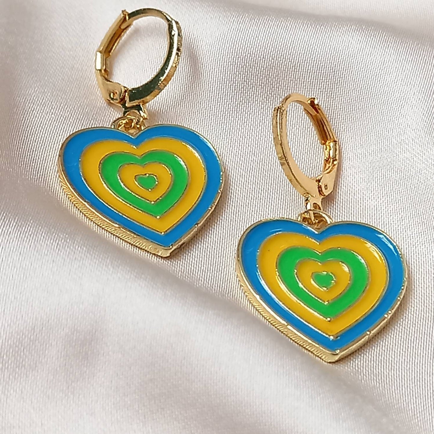 Blue & Gold Retro Heart Drop Earrings -  70's Style Earrings, Vintage Style, Hanging Jewellery,Accessories,Yellow Jewellery,Gold Earrings