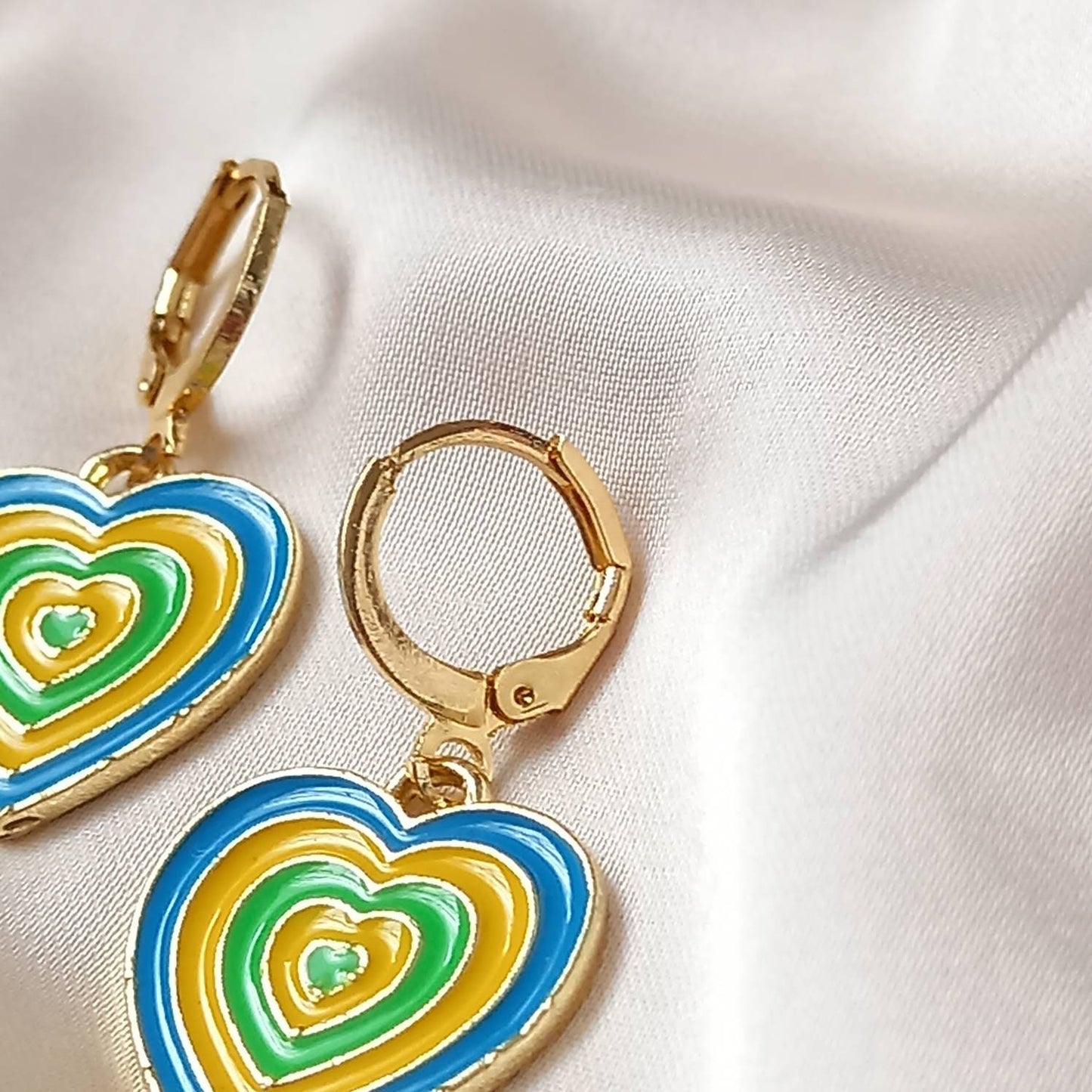 Blue & Gold Retro Heart Drop Earrings -  70's Style Earrings, Vintage Style, Hanging Jewellery,Accessories,Yellow Jewellery,Gold Earrings