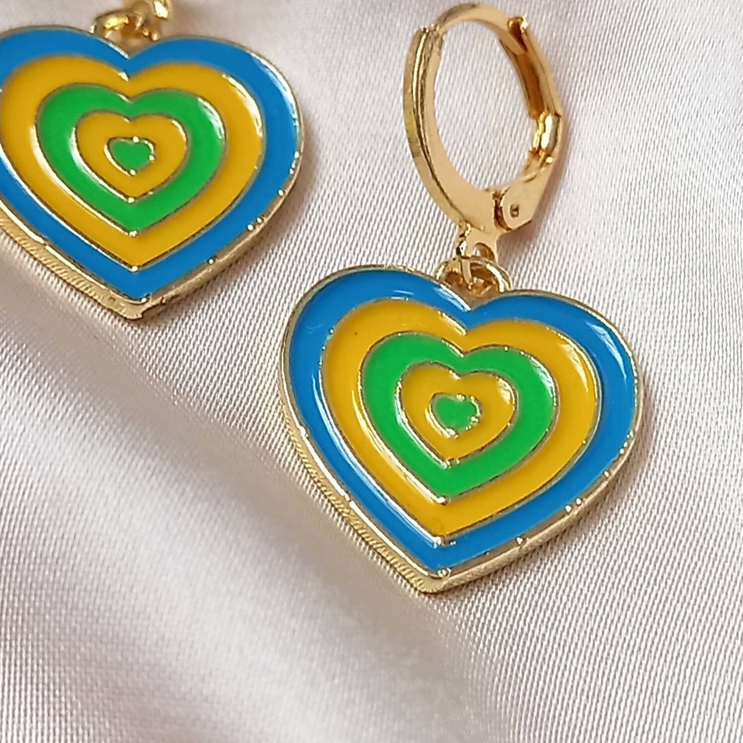 Blue & Gold Retro Heart Drop Earrings -  70's Style Earrings, Vintage Style, Hanging Jewellery,Accessories,Yellow Jewellery,Gold Earrings