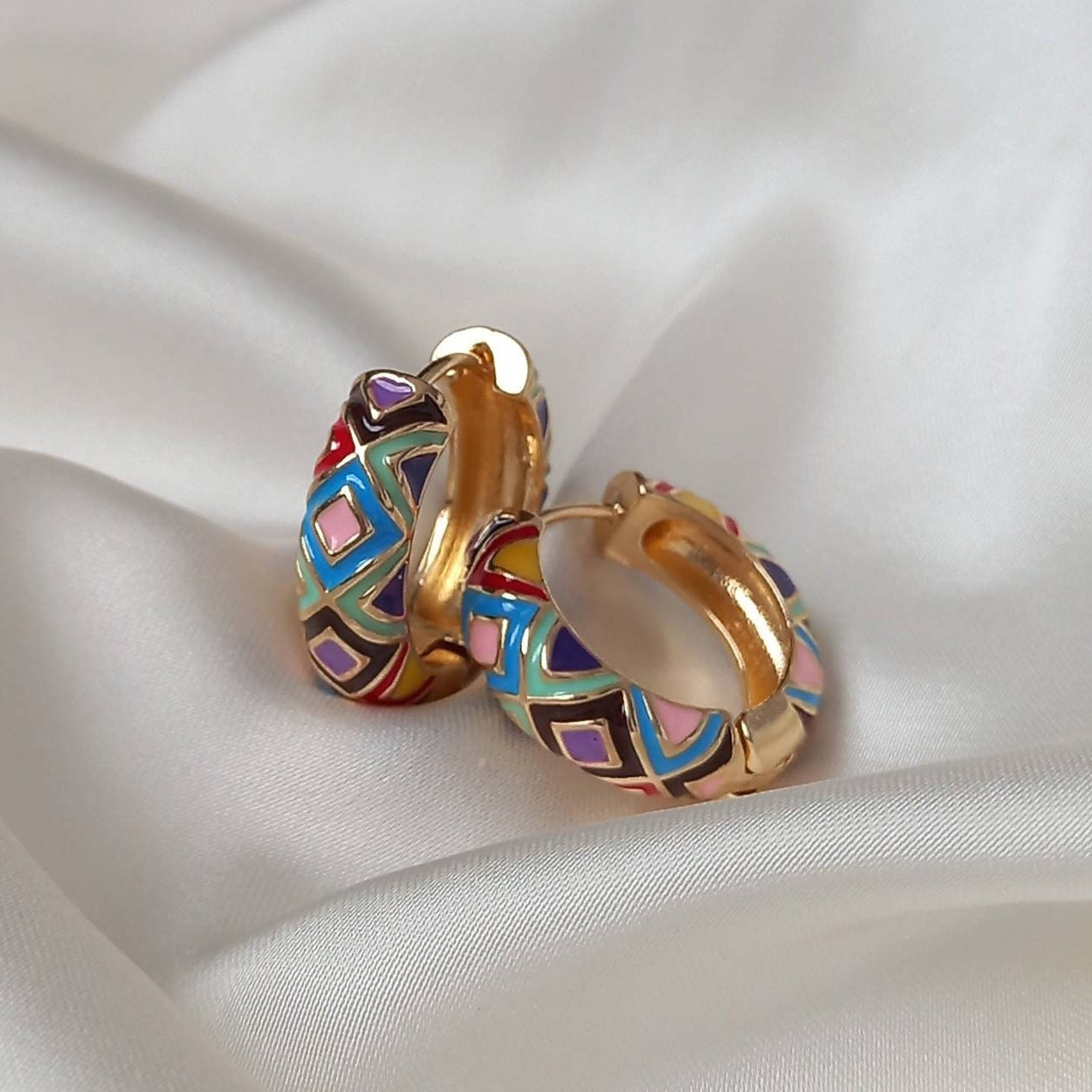 Gold Plated Huggie Hoop Earrings - Patterned Earrings,Patterned Jewlellery,Vintage Style Earrings,Rainbow Earrings In The UK,Gold Jewellery