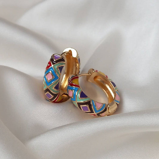 Gold Plated Huggie Hoop Earrings - Patterned Earrings,Patterned Jewlellery,Vintage Style Earrings,Rainbow Earrings In The UK,Gold Jewellery