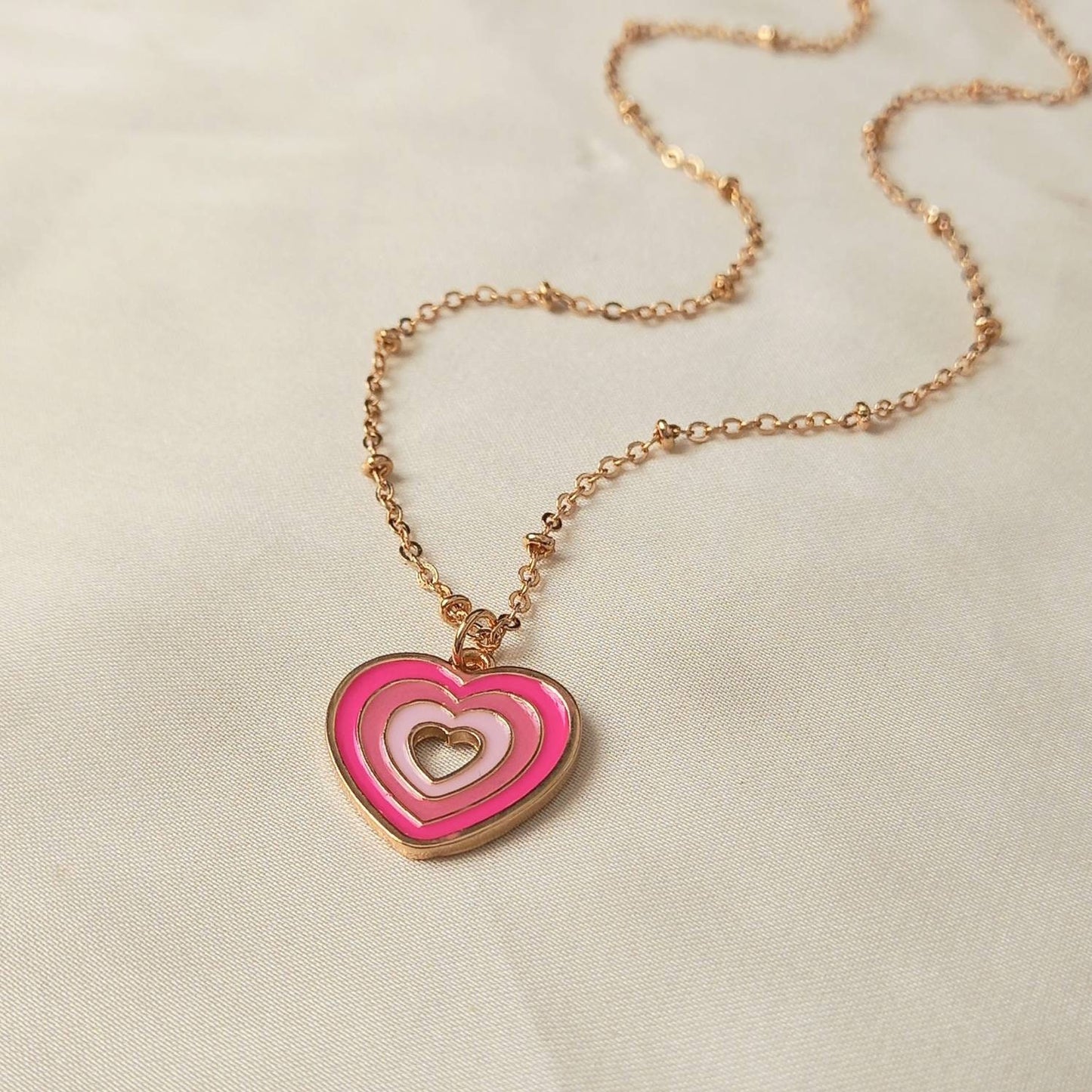 Pink & Gold Retro Heart Drop Charm Necklace -  70's Style Necklace, Vintage Style,Hanging Jewellery,Accessories,Pink Jewellery,Gold Necklace