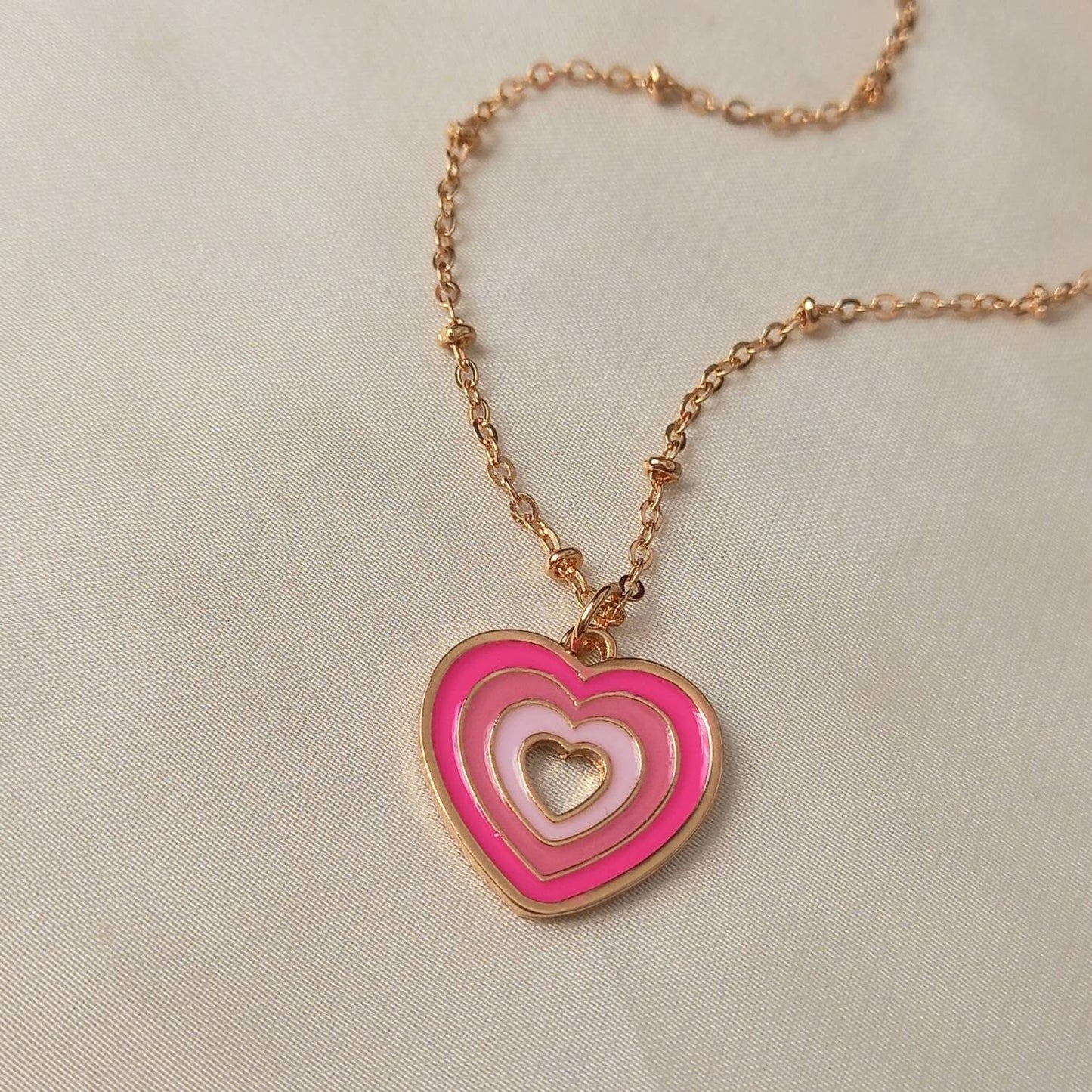 Pink & Gold Retro Heart Drop Charm Necklace -  70's Style Necklace, Vintage Style,Hanging Jewellery,Accessories,Pink Jewellery,Gold Necklace