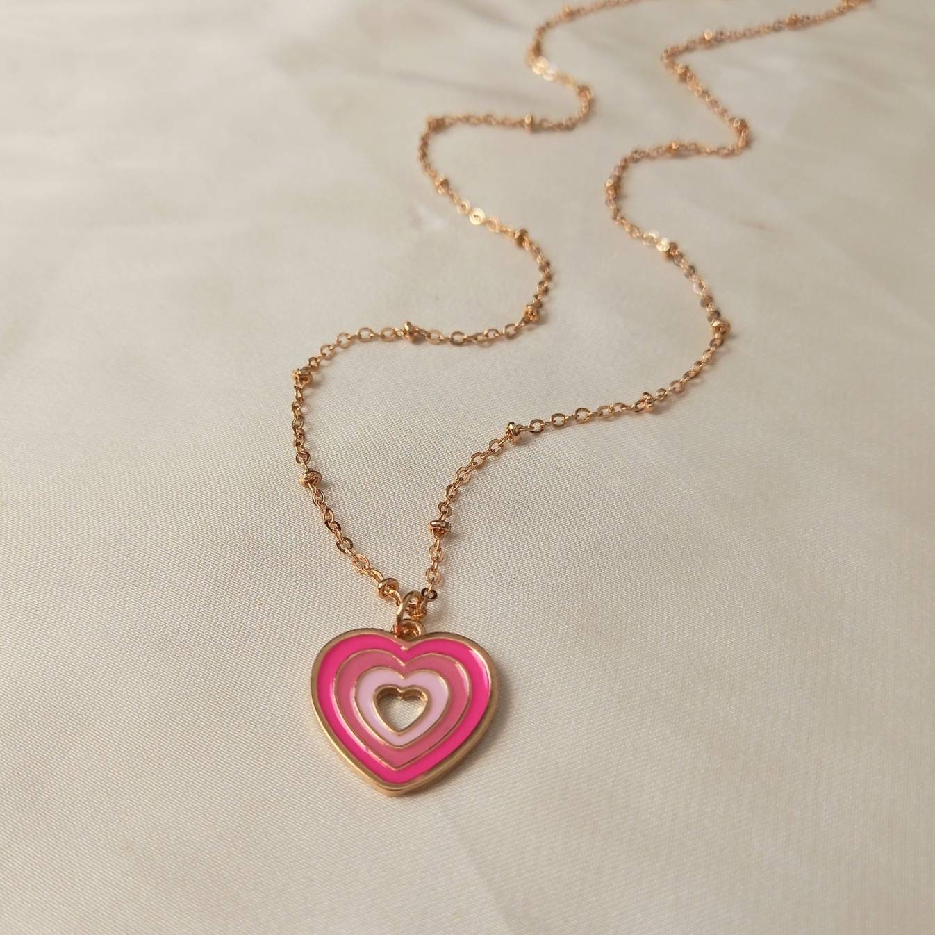 Pink & Gold Retro Heart Drop Charm Necklace -  70's Style Necklace, Vintage Style,Hanging Jewellery,Accessories,Pink Jewellery,Gold Necklace