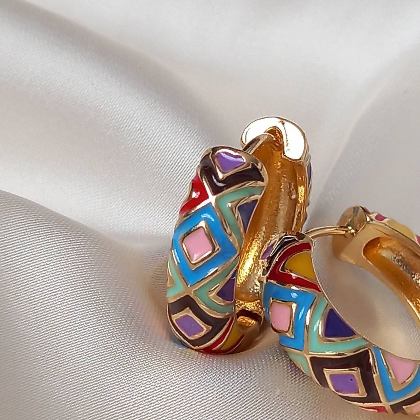 Gold Plated Huggie Hoop Earrings - Patterned Earrings,Patterned Jewlellery,Vintage Style Earrings,Rainbow Earrings In The UK,Gold Jewellery
