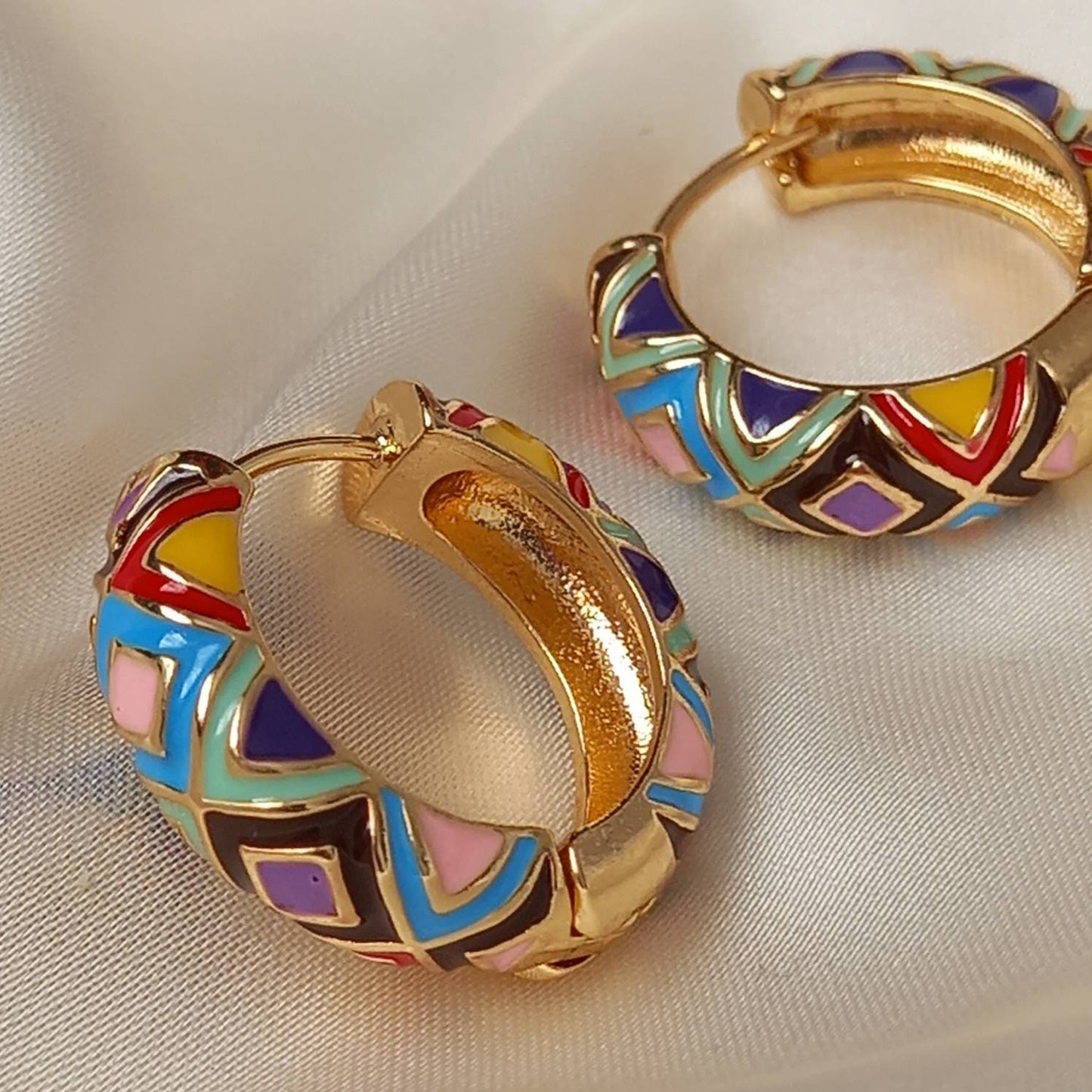 Gold Plated Huggie Hoop Earrings - Patterned Earrings,Patterned Jewlellery,Vintage Style Earrings,Rainbow Earrings In The UK,Gold Jewellery