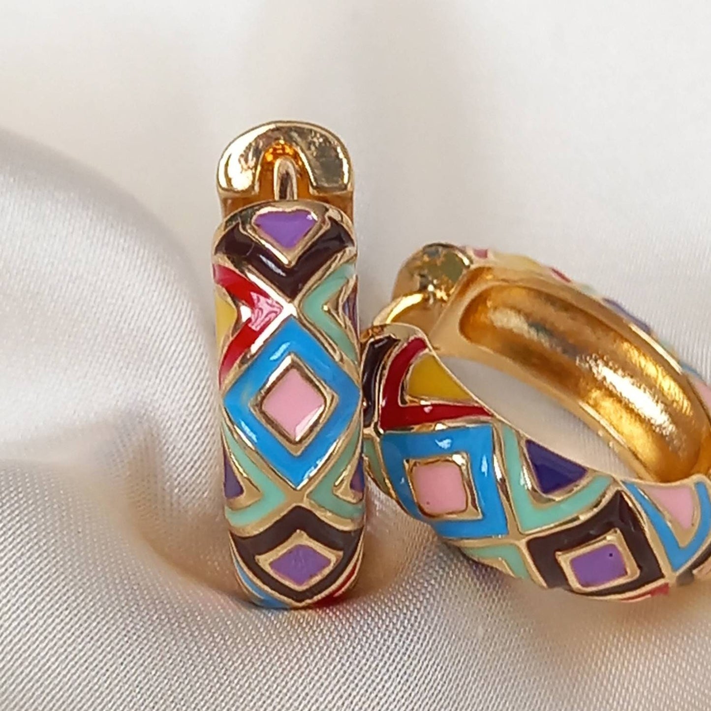Gold Plated Huggie Hoop Earrings - Patterned Earrings,Patterned Jewlellery,Vintage Style Earrings,Rainbow Earrings In The UK,Gold Jewellery