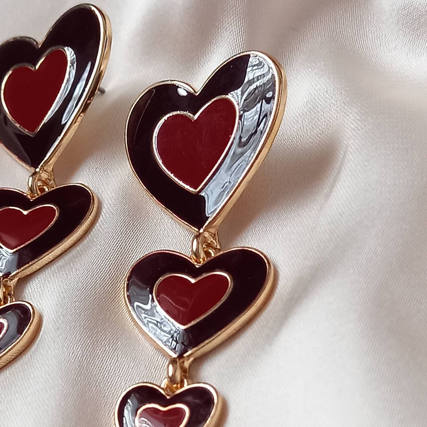 Brown & Gold Retro Heart Drop Earrings -  70's Style Earrings, Vintage Style, Hanging Jewellery,Accessories,Brown Jewellery,Gold Earrings