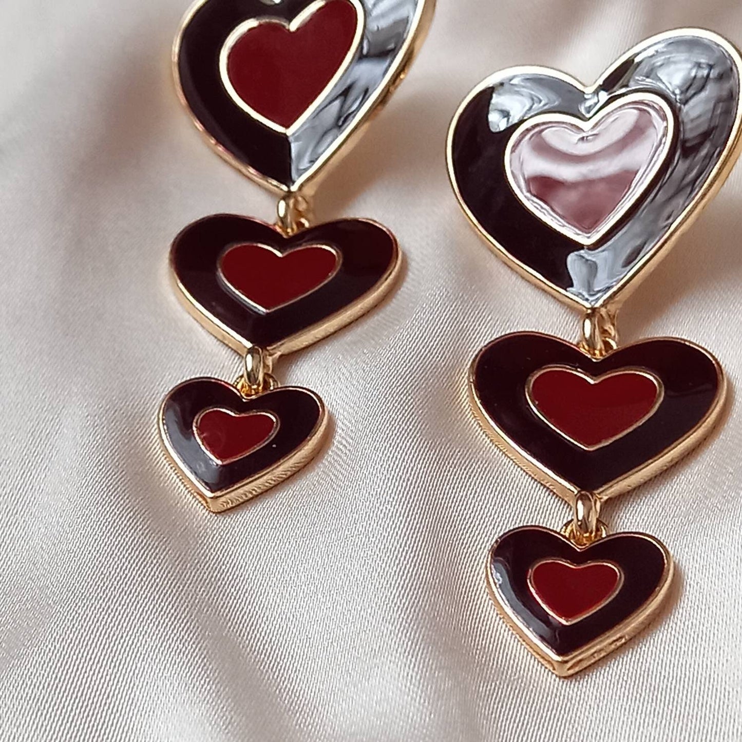 Brown & Gold Retro Heart Drop Earrings -  70's Style Earrings, Vintage Style, Hanging Jewellery,Accessories,Brown Jewellery,Gold Earrings