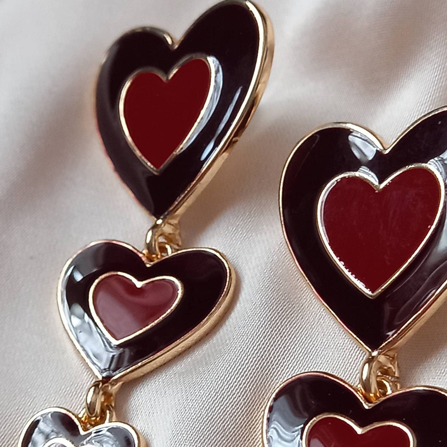 Brown & Gold Retro Heart Drop Earrings -  70's Style Earrings, Vintage Style, Hanging Jewellery,Accessories,Brown Jewellery,Gold Earrings