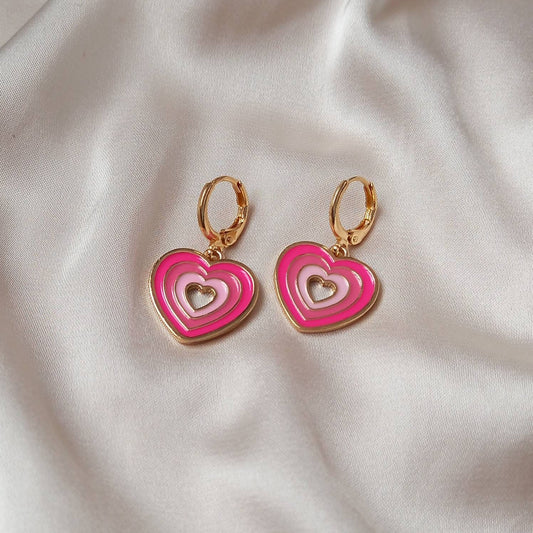 Pink & Gold Retro Heart Drop Earrings -  70's Style Earrings, Vintage Style, Hanging Jewellery,Accessories,Pink Jewellery,Gold Earrings