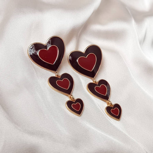 Brown & Gold Retro Heart Drop Earrings -  70's Style Earrings, Vintage Style, Hanging Jewellery,Accessories,Brown Jewellery,Gold Earrings