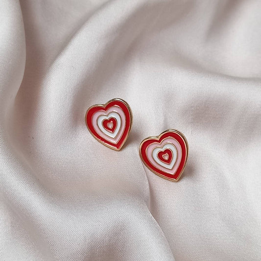 Pink & Gold Retro Heart Stud Earrings -  Pink 70's Style Earrings,Vintage Style,Pink Jewellery,Gold Earrings,Gold Heart Stud Earrings
