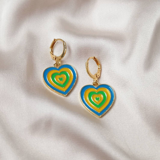Blue & Gold Retro Heart Drop Earrings -  70's Style Earrings, Vintage Style, Hanging Jewellery,Accessories,Yellow Jewellery,Gold Earrings
