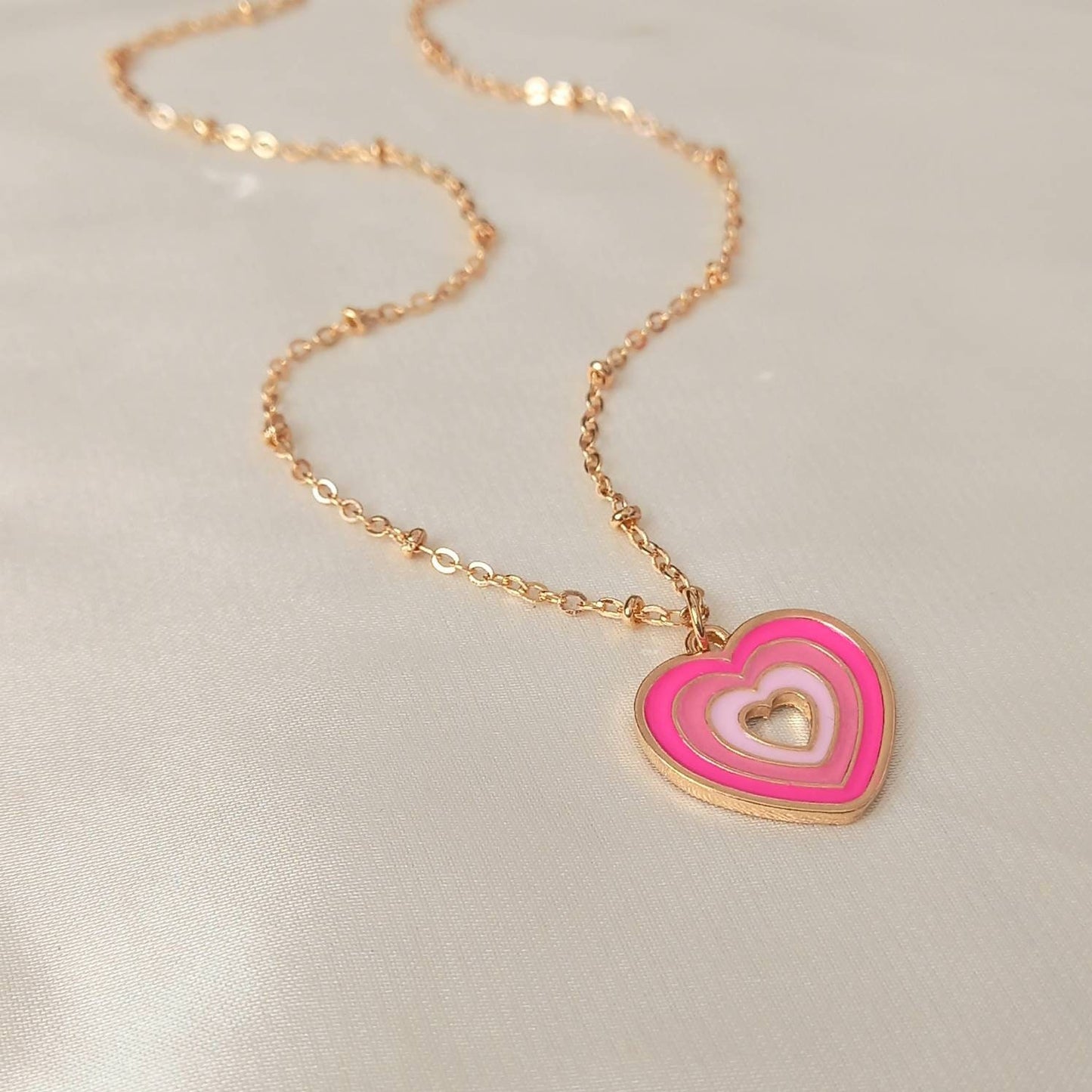 Pink & Gold Retro Heart Drop Charm Necklace -  70's Style Necklace, Vintage Style,Hanging Jewellery,Accessories,Pink Jewellery,Gold Necklace