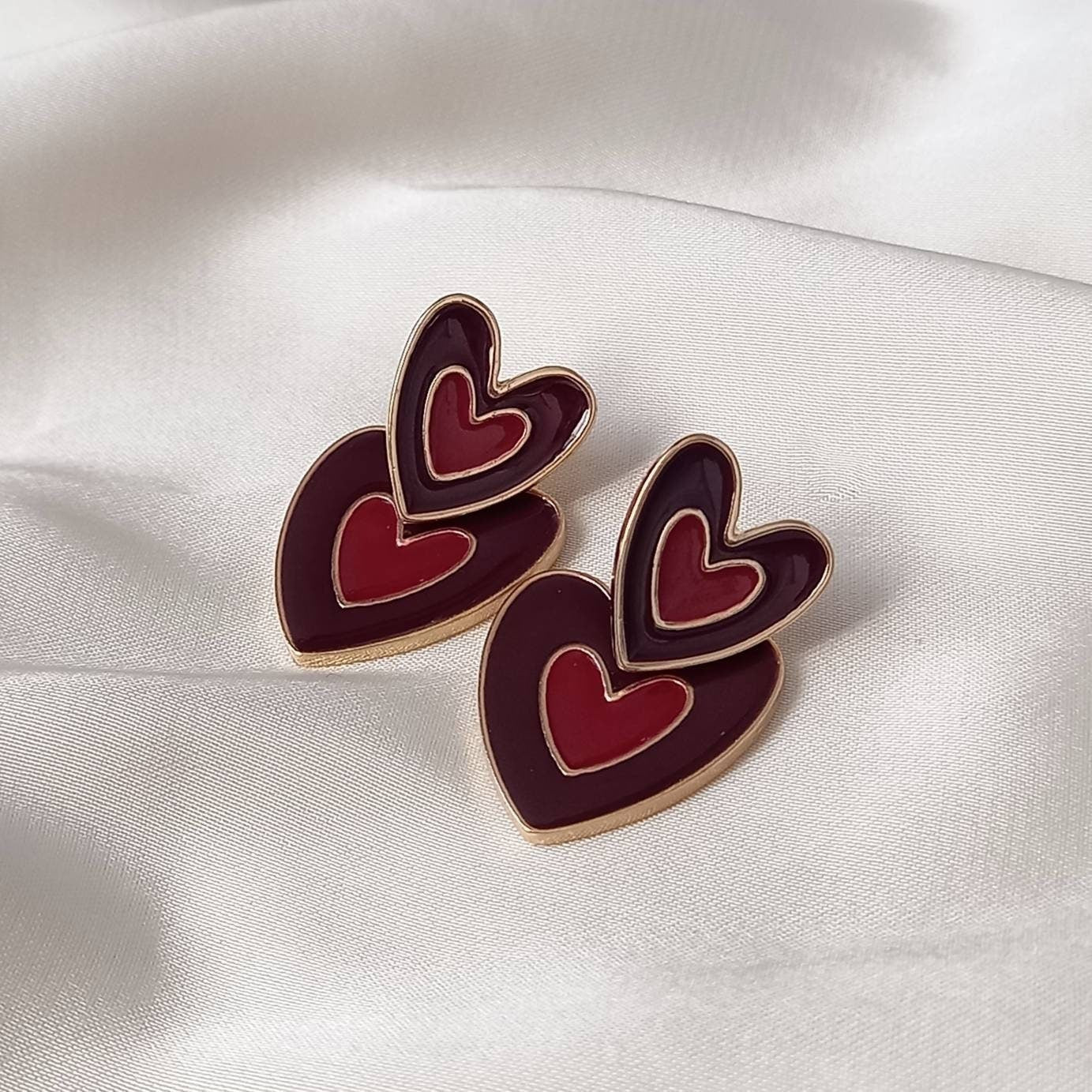 Brown & Gold Retro Heart Drop Earrings -  70's Style Earrings, Vintage Style, Hanging Jewellery,Accessories,Brown Jewellery,Gold Earrings