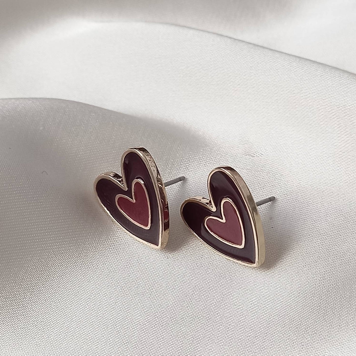 Brown & Gold Retro Heart Drop Earrings -  70's Style Earrings, Vintage Style, Hanging Jewellery,Accessories,Brown Jewellery,Gold Earrings