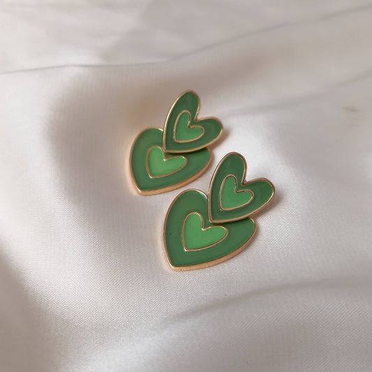 Green & Gold Retro Heart Drop Earrings -  70's Style Earrings, Vintage Style, Hanging Jewellery,Accessories,Green Jewellery,Gold Earrings