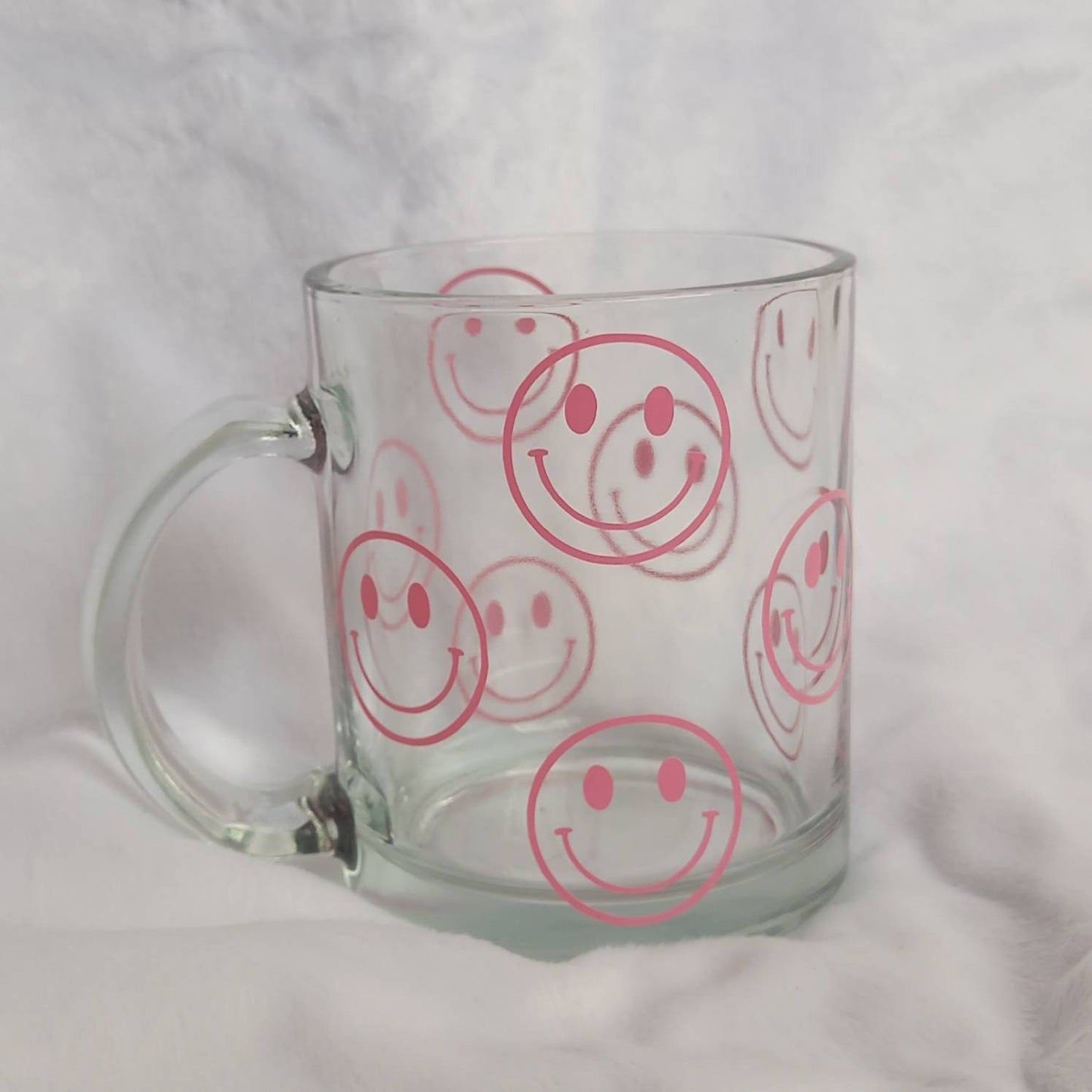 Pink Smiley Face Glass Mug -  Valentines Day Gift, Valentines Mug, Smiley Mug, Positive Mug, Happy Mug, Clear Mug, Pink Mugs In The UK