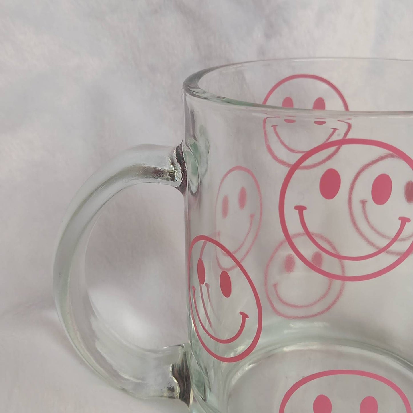 Pink Smiley Face Glass Mug -  Valentines Day Gift, Valentines Mug, Smiley Mug, Positive Mug, Happy Mug, Clear Mug, Pink Mugs In The UK