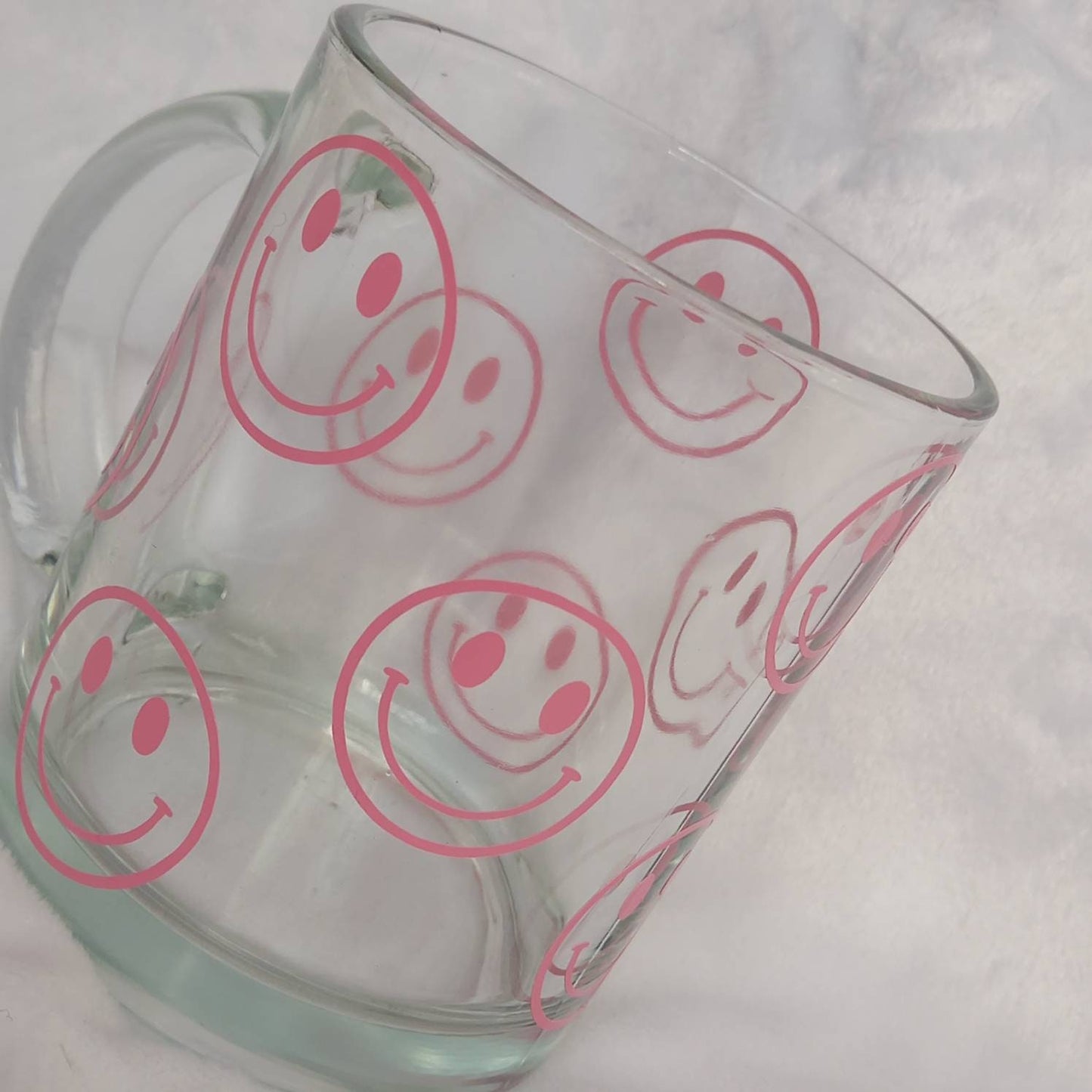 Pink Smiley Face Glass Mug -  Valentines Day Gift, Valentines Mug, Smiley Mug, Positive Mug, Happy Mug, Clear Mug, Pink Mugs In The UK