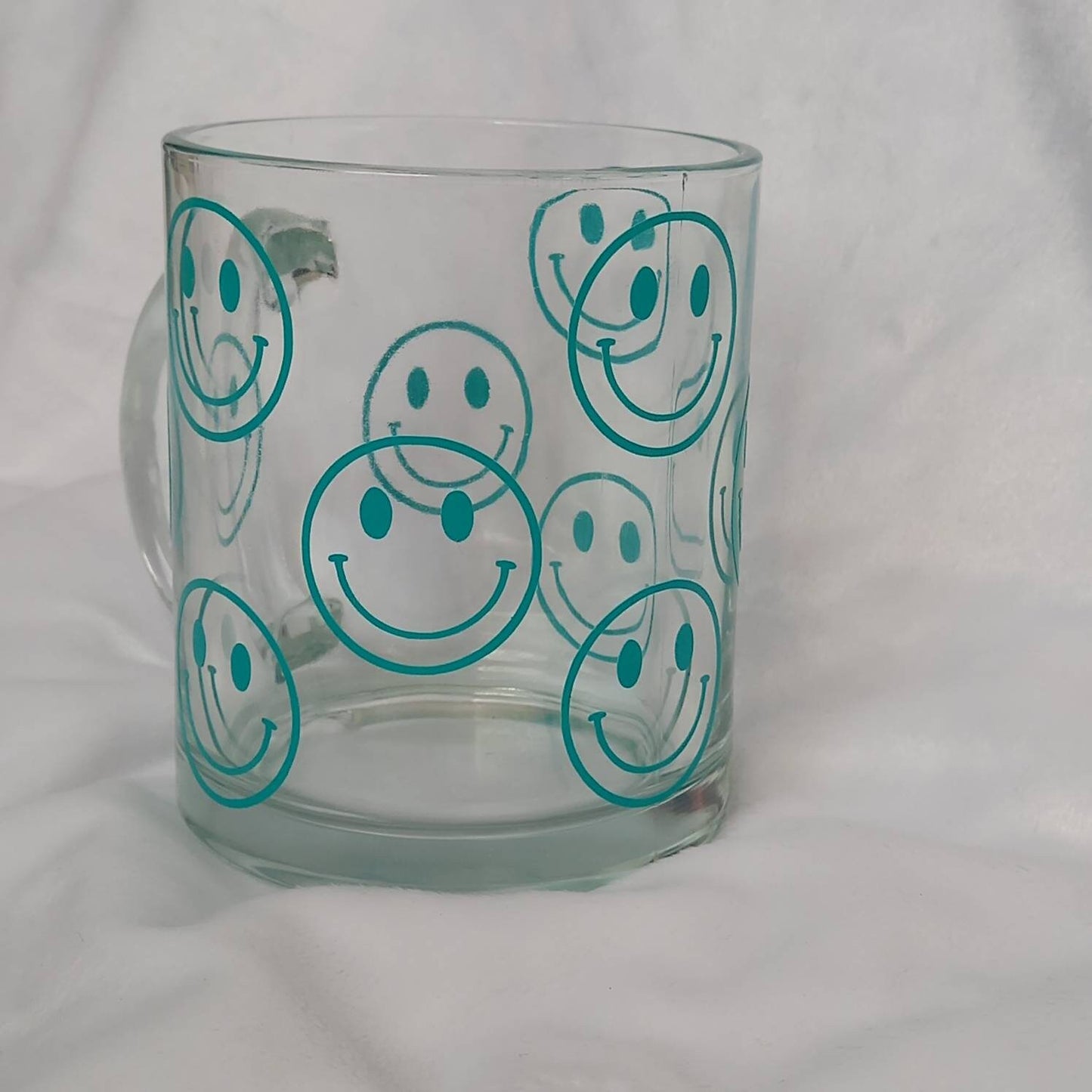Blue Smiley Face Glass Mug -  Valentines Day Gift, Valentines Mug, Smiley Mug, Positive Mug, Happy Mug, Clear Mug, Blue Mugs In The UK