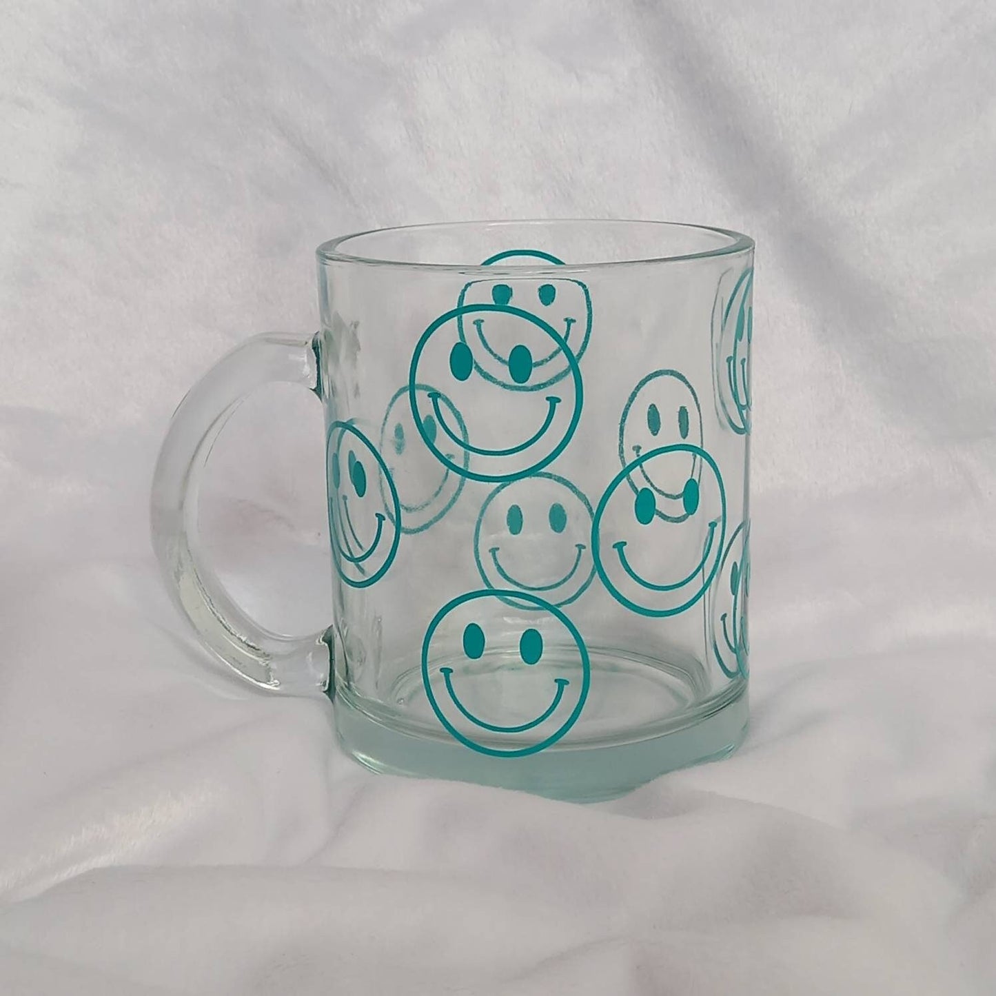 Blue Smiley Face Glass Mug -  Valentines Day Gift, Valentines Mug, Smiley Mug, Positive Mug, Happy Mug, Clear Mug, Blue Mugs In The UK