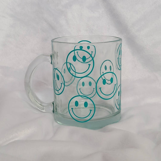 Blue Smiley Face Glass Mug -  Valentines Day Gift, Valentines Mug, Smiley Mug, Positive Mug, Happy Mug, Clear Mug, Blue Mugs In The UK