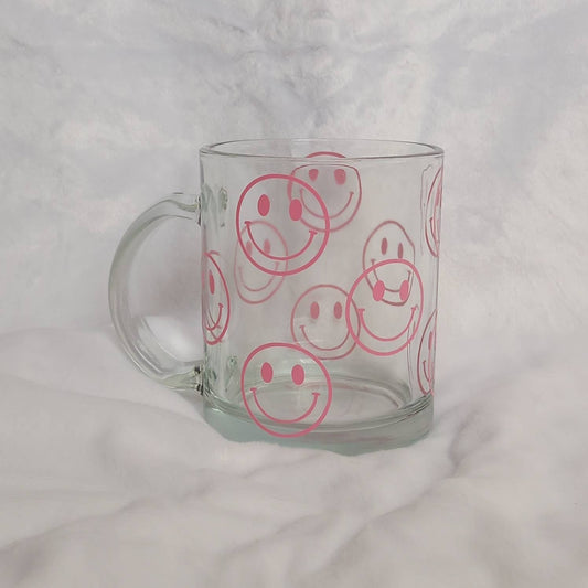 Pink Smiley Face Glass Mug -  Valentines Day Gift, Valentines Mug, Smiley Mug, Positive Mug, Happy Mug, Clear Mug, Pink Mugs In The UK