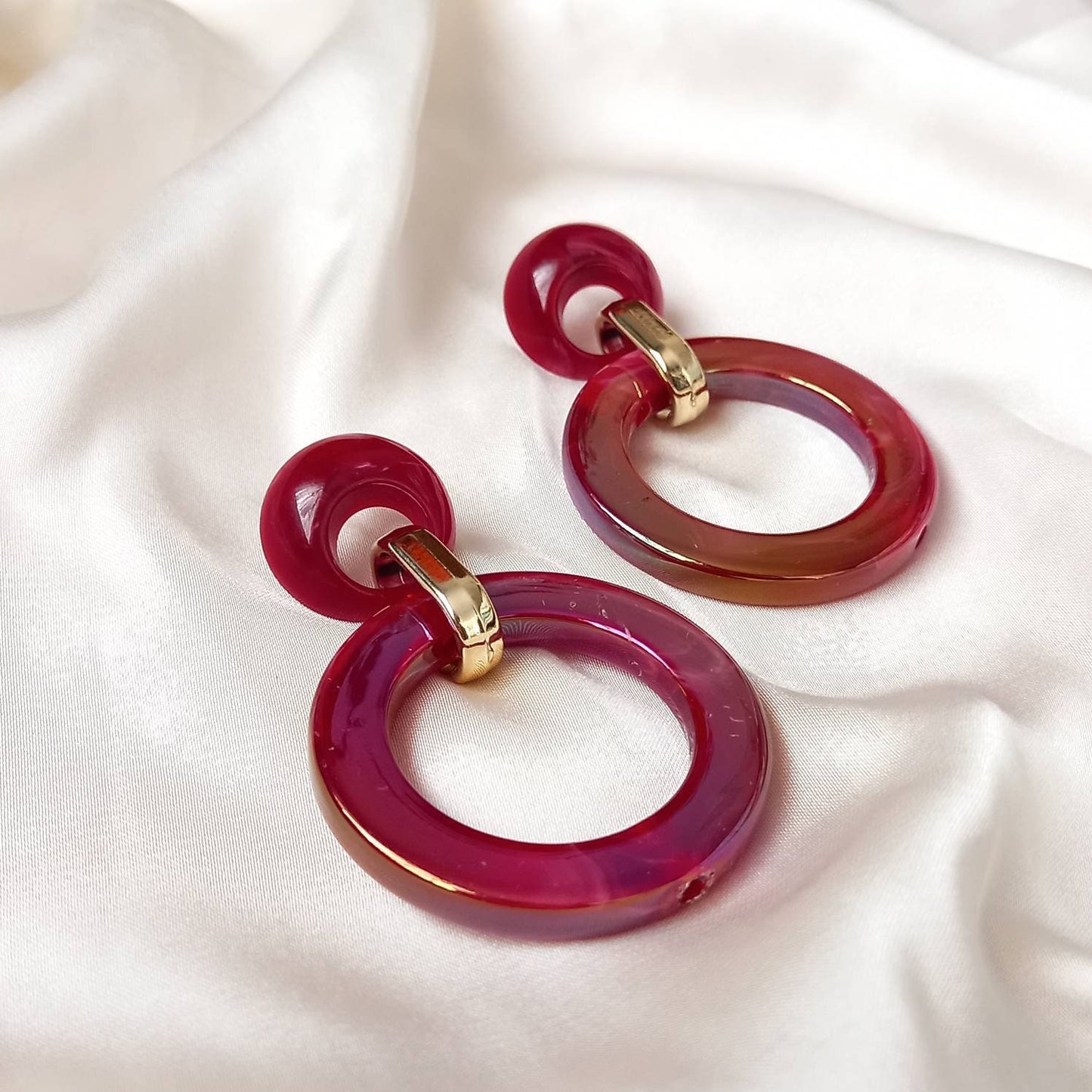 Red and Gold Hoop Drop Earrings -  Hanging Jewellery, Accessories, Red Jewellery, Gold Earrings, Red Hoop Earrings, Large Hoop Earrings