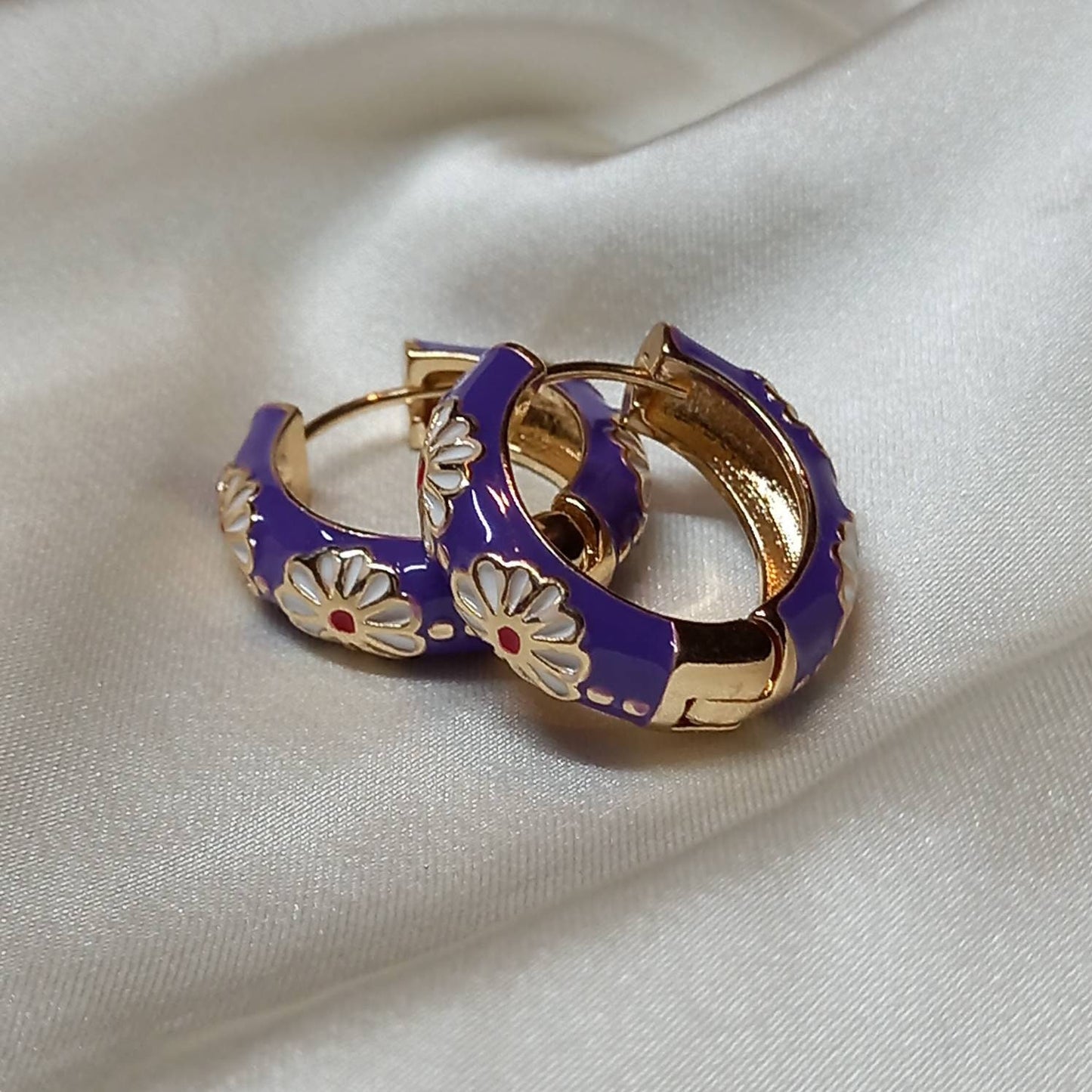 Purple Flower Hoop Earrings - Hanging Jewellery,Accessories,Flower Earrings,Flower Jewlellery,Vintage Style Earrings,White Flower Earrings