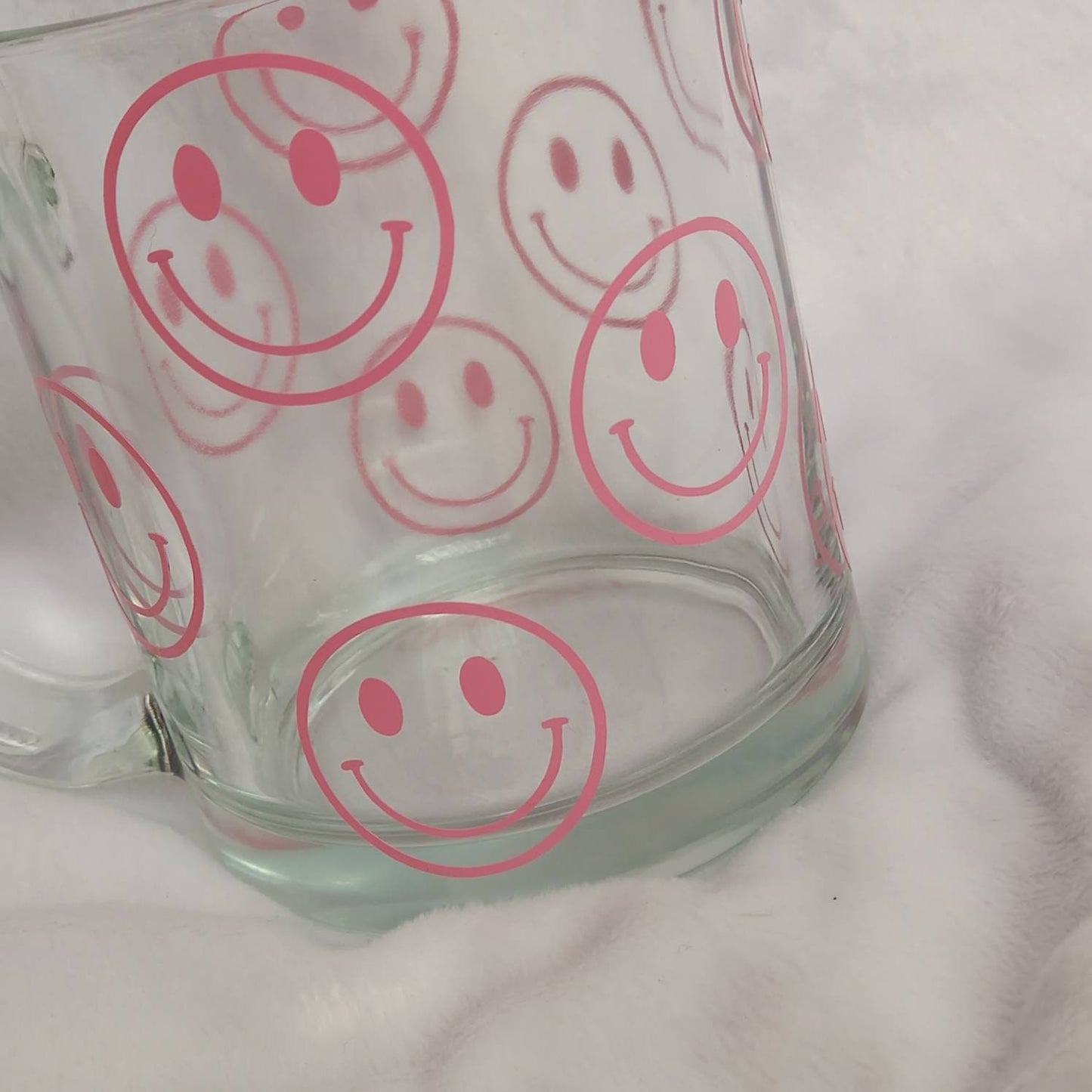 Pink Smiley Face Glass Mug -  Valentines Day Gift, Valentines Mug, Smiley Mug, Positive Mug, Happy Mug, Clear Mug, Pink Mugs In The UK