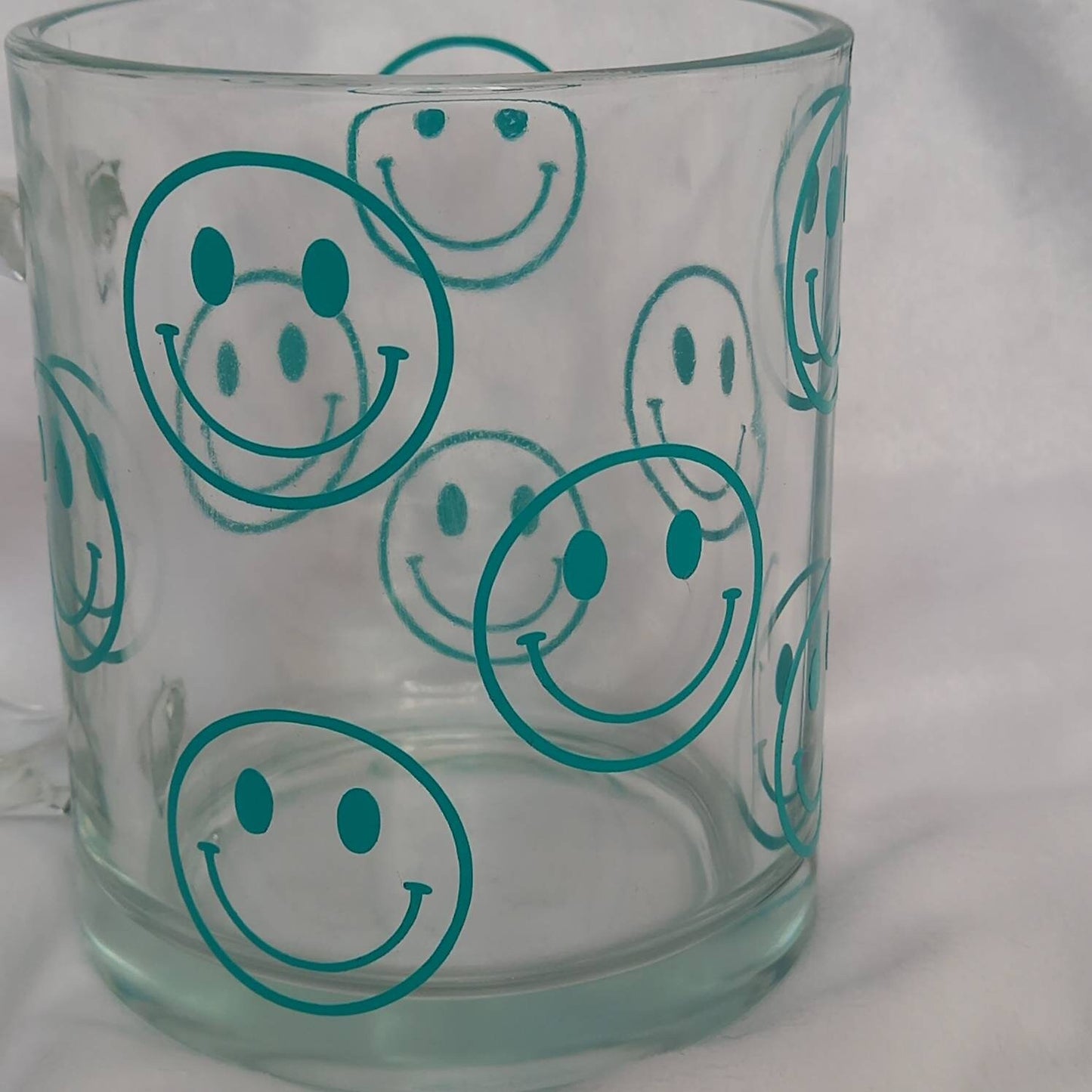 Blue Smiley Face Glass Mug -  Valentines Day Gift, Valentines Mug, Smiley Mug, Positive Mug, Happy Mug, Clear Mug, Blue Mugs In The UK