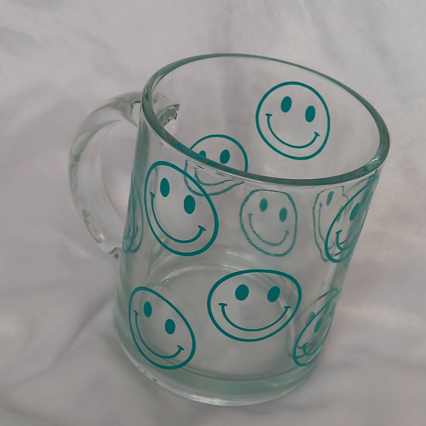 Blue Smiley Face Glass Mug -  Valentines Day Gift, Valentines Mug, Smiley Mug, Positive Mug, Happy Mug, Clear Mug, Blue Mugs In The UK