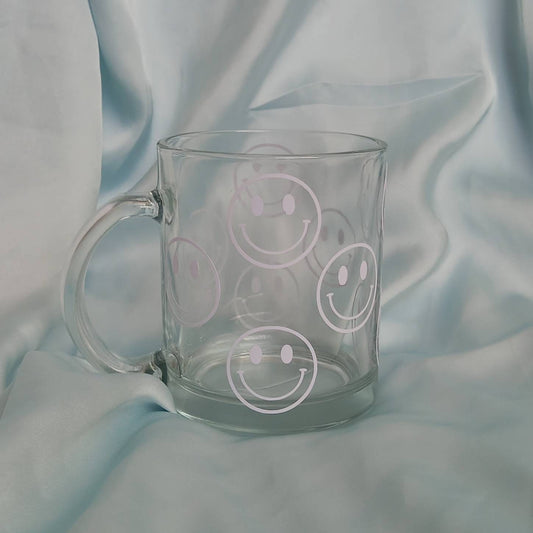 White Smiley Face Glass Mug -  Valentines Day Gift, Valentines Mug, Smiley Mug, Positive Mug, Happy Mug, Clear Mug, White Mugs In The UK