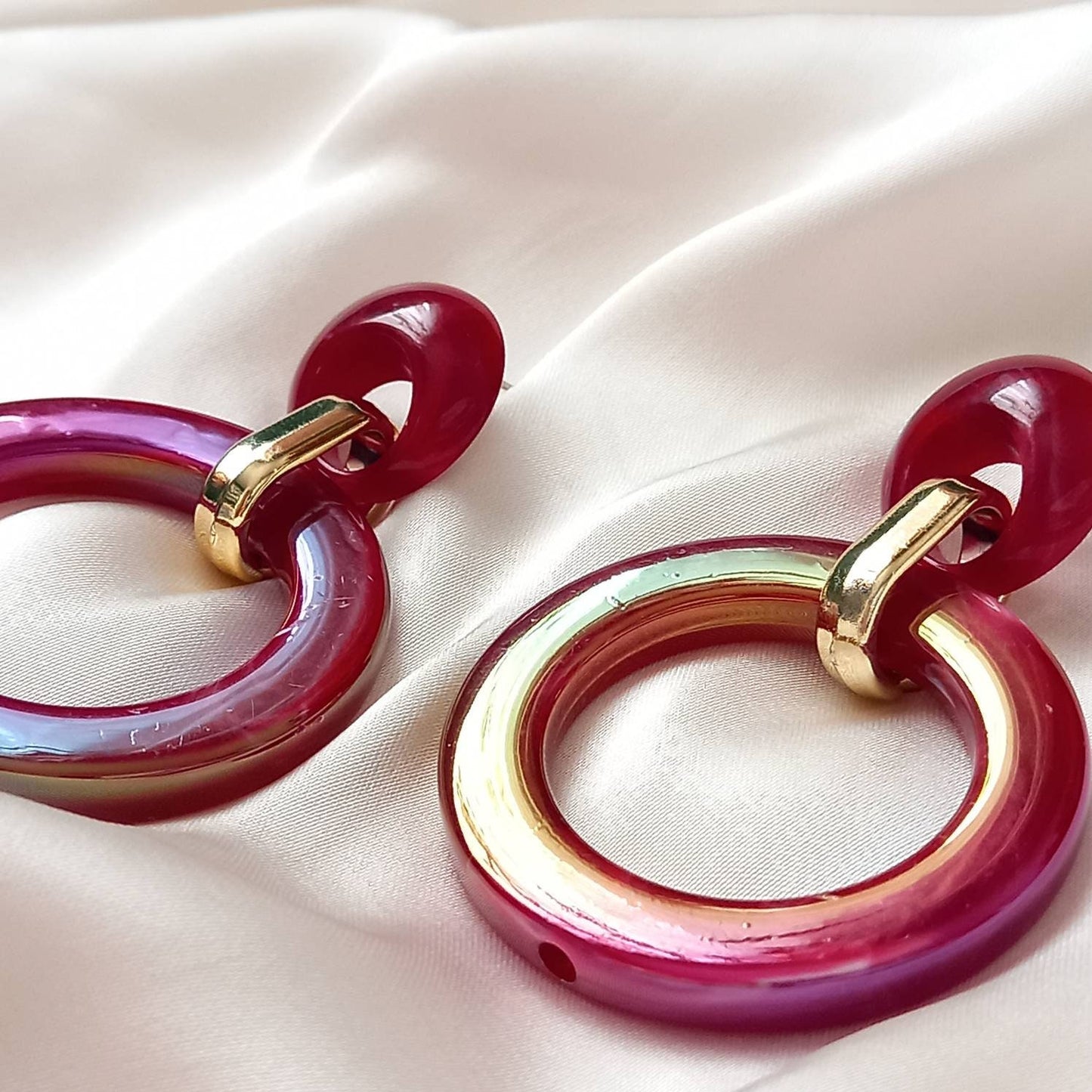 Red and Gold Hoop Drop Earrings -  Hanging Jewellery, Accessories, Red Jewellery, Gold Earrings, Red Hoop Earrings, Large Hoop Earrings