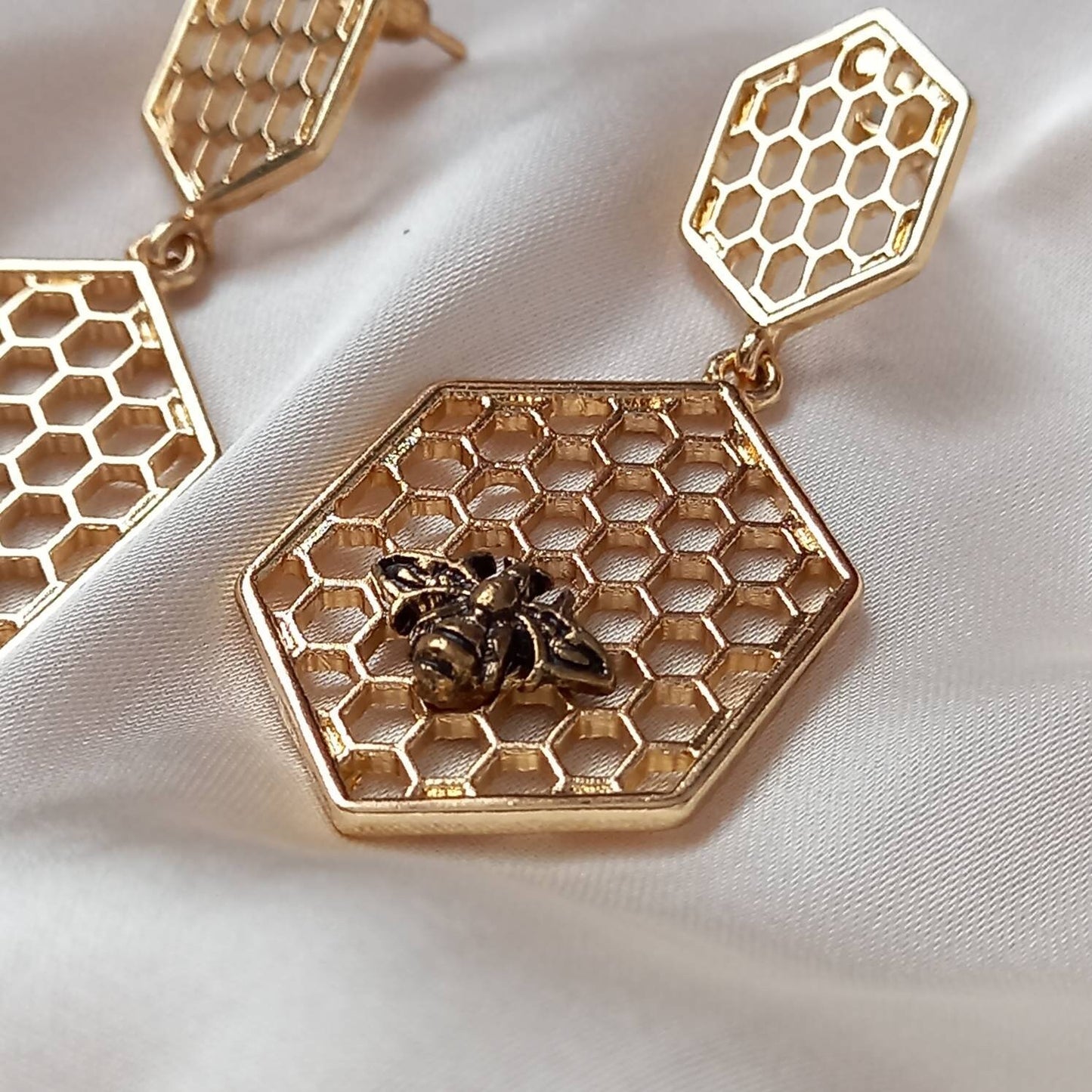 Gold Bumble Bee Drop Earrings - Gold Jewellery, Honeycomb Earrings, Gold Bee Earrings, Bee Jewelley,Gold Earrings In The UK,Insect Jewellery