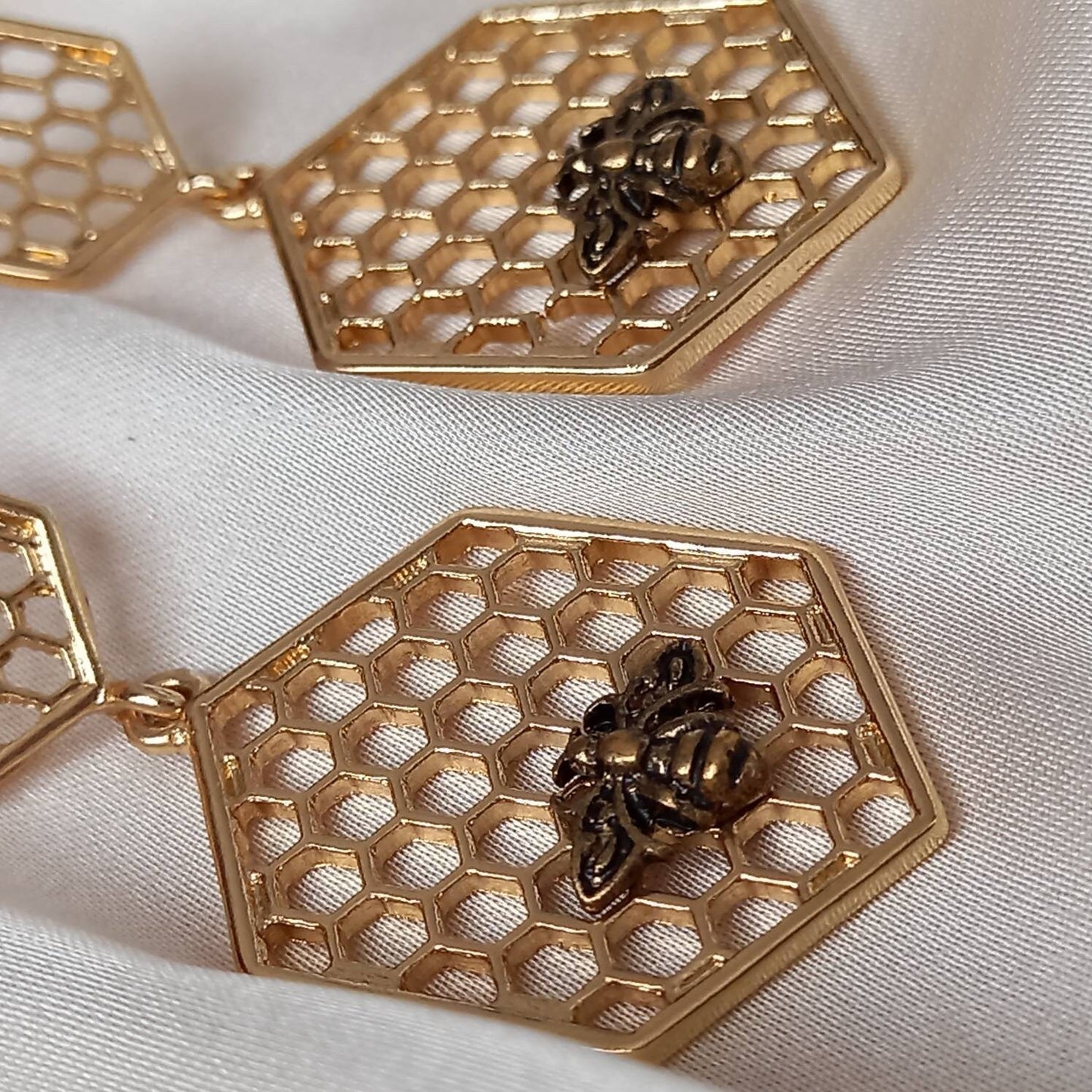 Gold Bumble Bee Drop Earrings - Gold Jewellery, Honeycomb Earrings, Gold Bee Earrings, Bee Jewelley,Gold Earrings In The UK,Insect Jewellery