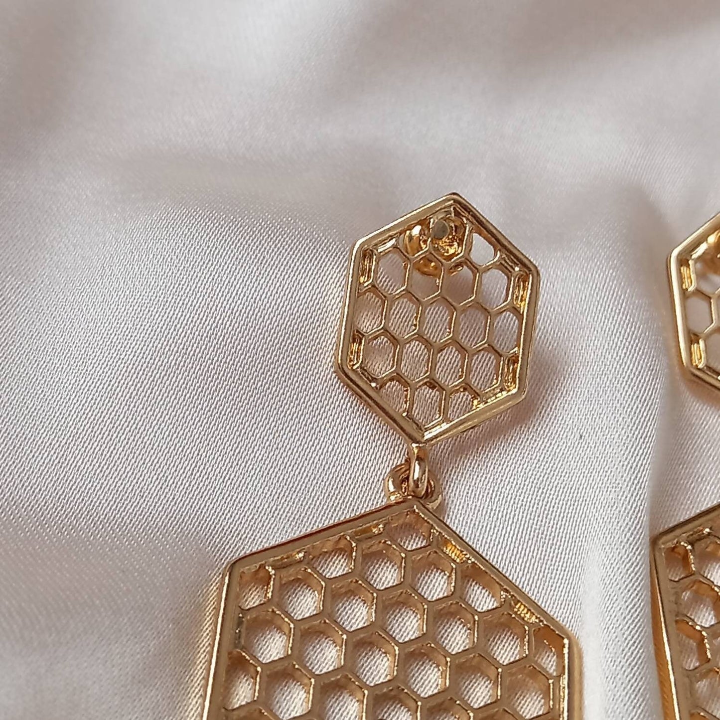 Gold Bumble Bee Drop Earrings - Gold Jewellery, Honeycomb Earrings, Gold Bee Earrings, Bee Jewelley,Gold Earrings In The UK,Insect Jewellery