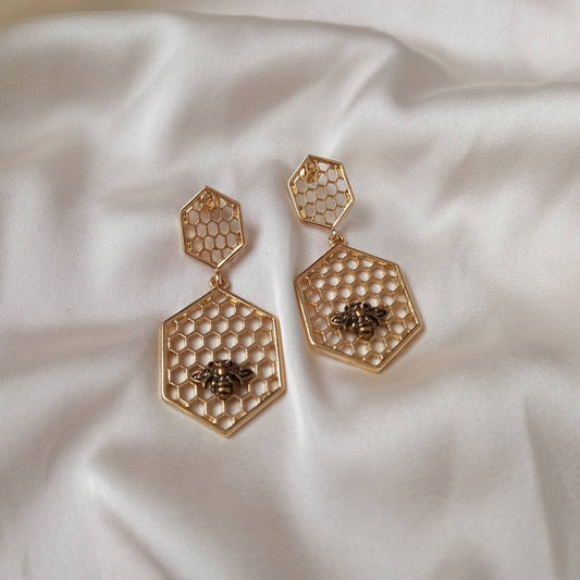 Gold Bumble Bee Drop Earrings - Gold Jewellery, Honeycomb Earrings, Gold Bee Earrings, Bee Jewelley,Gold Earrings In The UK,Insect Jewellery