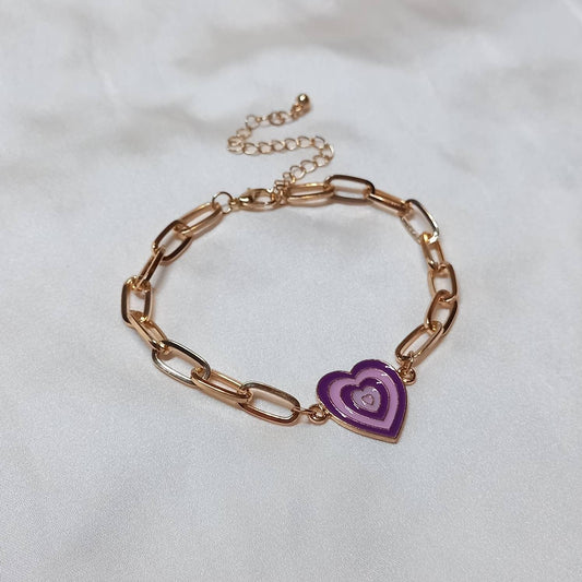Purple & Gold Retro Heart Charm Bracelet -  70's Style Bracelet, Vintage Style, Charm Jewellery,Accessories,Purple Jewellery,Gold Bracelet