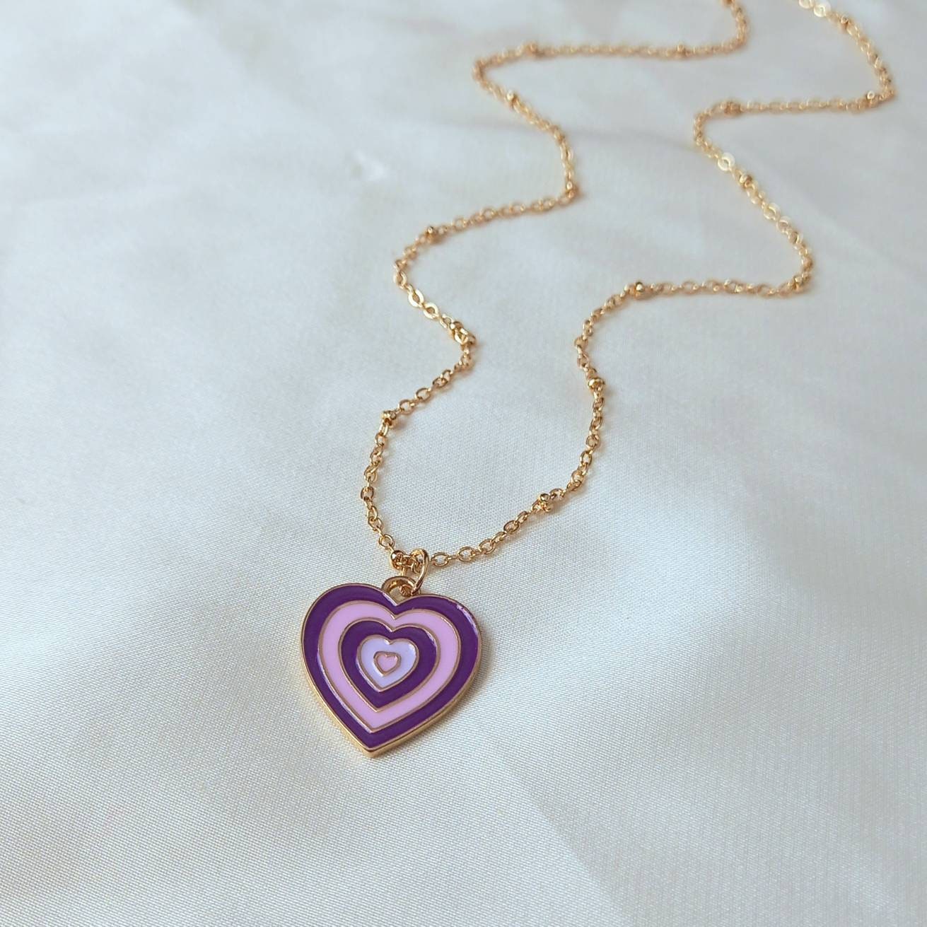 Purple & Gold Retro Heart Necklace -  70's Style Necklace, Vintage Style, Hanging Jewellery, Accessories, Purple Jewellery, Gold Necklace
