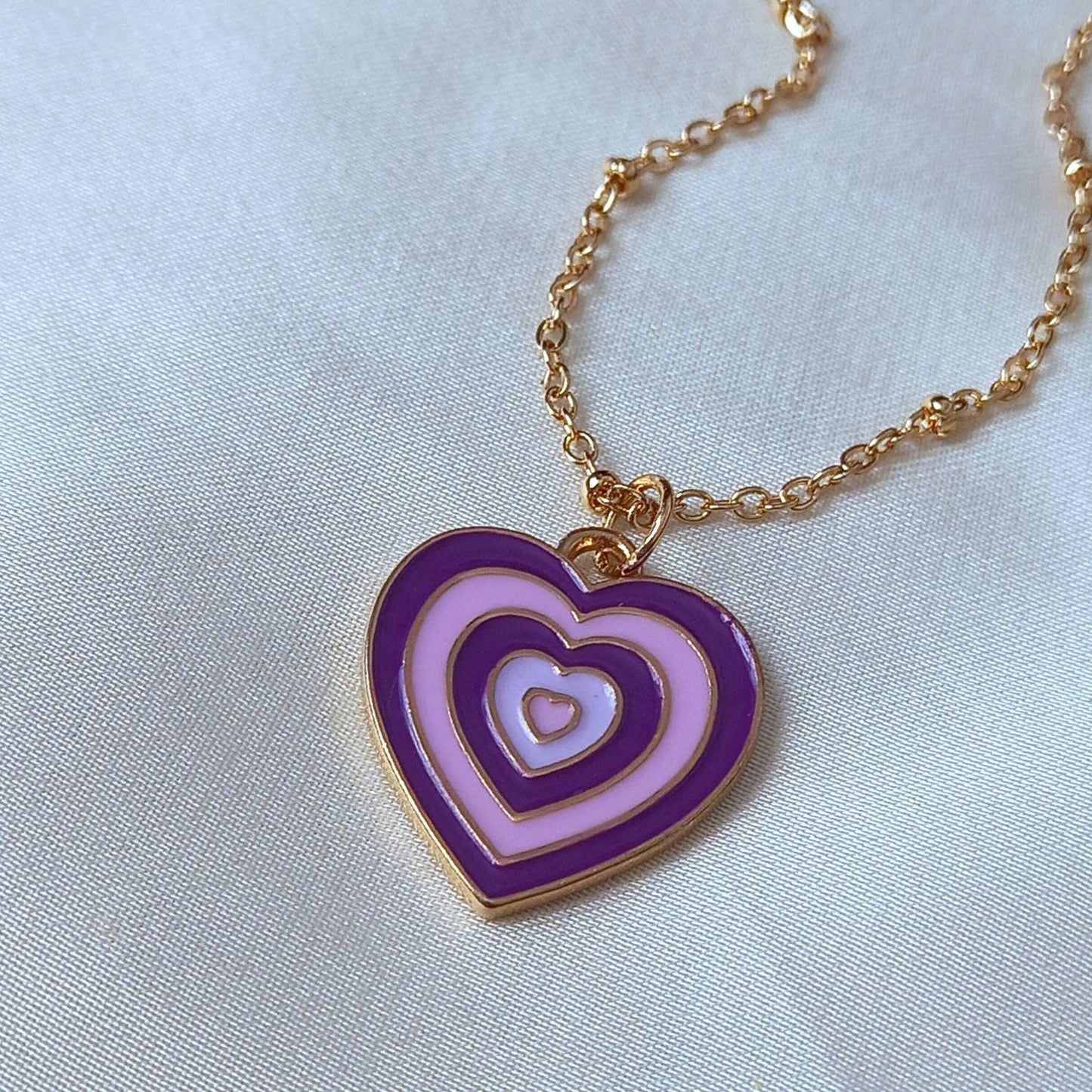 Purple & Gold Retro Heart Necklace -  70's Style Necklace, Vintage Style, Hanging Jewellery, Accessories, Purple Jewellery, Gold Necklace