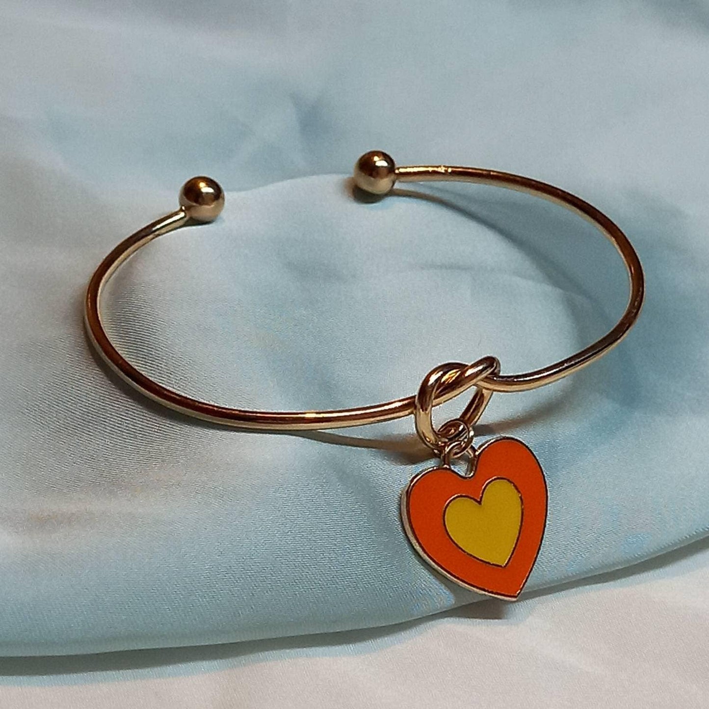 Gold Plated Knot & Orange Heart Bangle Bracelet - Gold Jewellery, Orange Gold Bangle, Bangle Jewellery,Orange Bangle Bracelet,Gift For Her