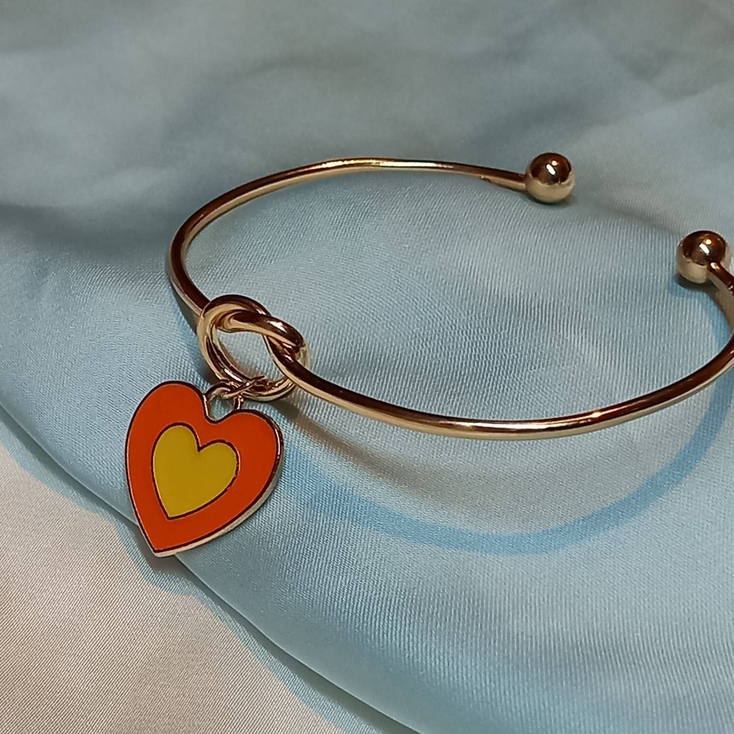 Gold Plated Knot & Orange Heart Bangle Bracelet - Gold Jewellery, Orange Gold Bangle, Bangle Jewellery,Orange Bangle Bracelet,Gift For Her