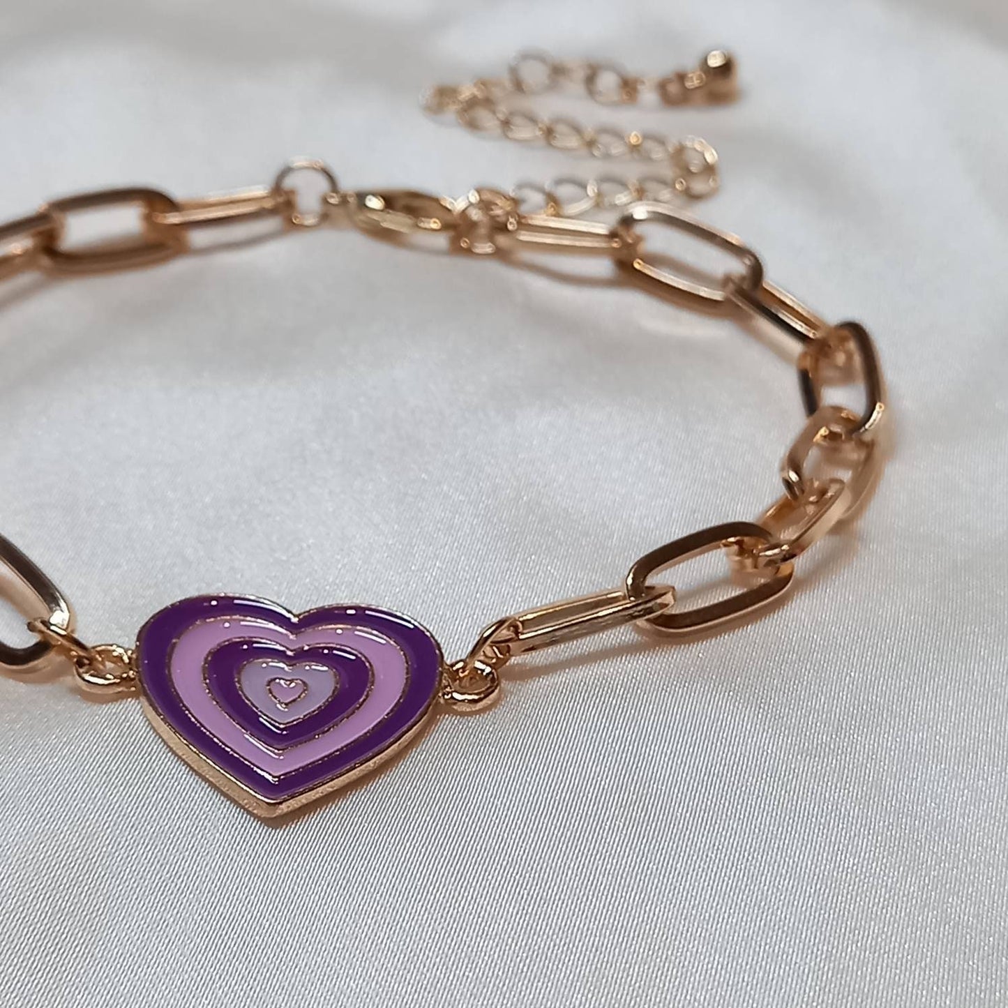 Purple & Gold Retro Heart Charm Bracelet -  70's Style Bracelet, Vintage Style, Charm Jewellery,Accessories,Purple Jewellery,Gold Bracelet