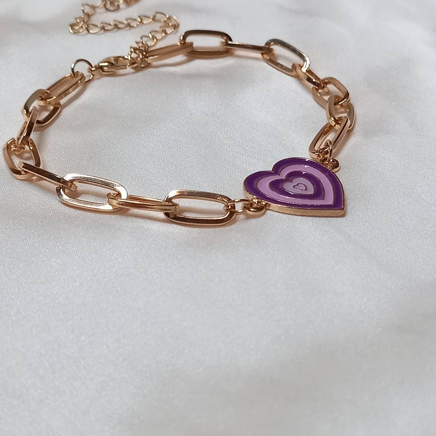 Purple & Gold Retro Heart Charm Bracelet -  70's Style Bracelet, Vintage Style, Charm Jewellery,Accessories,Purple Jewellery,Gold Bracelet