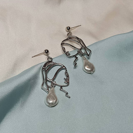 Girl With The Pearl Earring Charm Drop Earrings - Silver Drop Earrings, Art Lover Gifts, Art Student Gifts, Art Present,Gifts For Her,Pearls