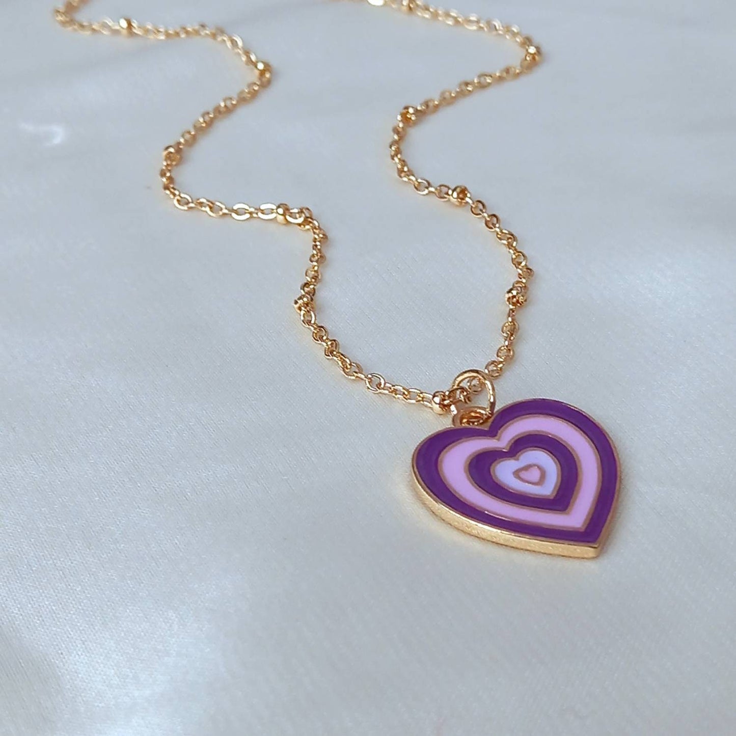 Purple & Gold Retro Heart Necklace -  70's Style Necklace, Vintage Style, Hanging Jewellery, Accessories, Purple Jewellery, Gold Necklace